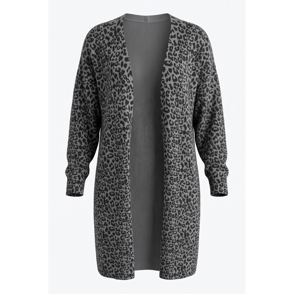 Terra & Sky Womens 2X Grey Leopard Print Longline Duster Cardigan Sweater